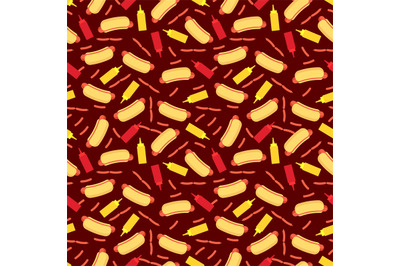 Fast food seamless pattern - hot dog sausage ketchup and mustard