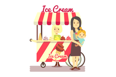 Young girl sells ice cream and mother with baby girl