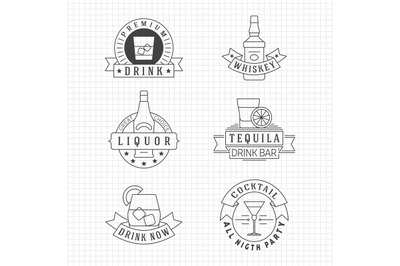 Alcohol drinks thin line emblems on notebook page