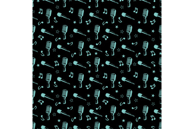 Musical seamless pattern - music notes, stars and microphones