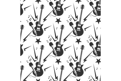 Rock music seamless pattern with guitars and microphones