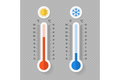 Hot and cold meteorology thermometers on transparent background