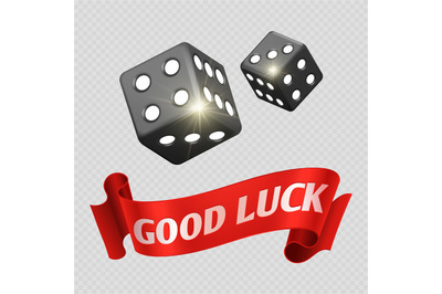 Realistic casino dice and red good luck banner