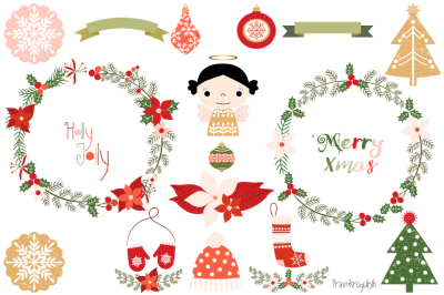 Christmas wreath set, Merry Christmas wreaths, Mittens, Hat, Stocking, Laurels, Angel, Trees, Poinsettia Wreath, Ornaments clipart