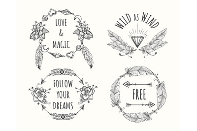 Boho tribal logo set with feathers