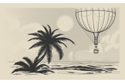 Hot air balloon flying over seashore