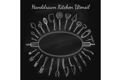 Cutlery and cooking utensils on chalkboard