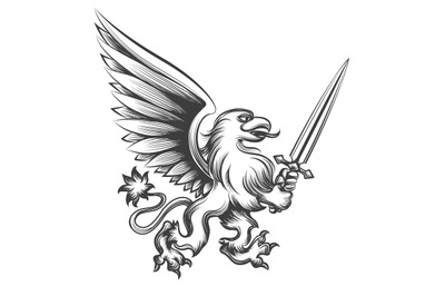 Engraving griffin with sword