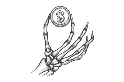 Skeleton hands with dollar coin