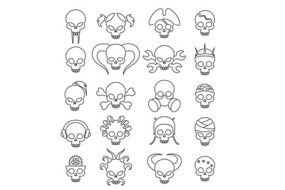 Cartoon cute skull linear icon set