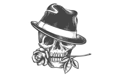 Skull in hat with rose flower