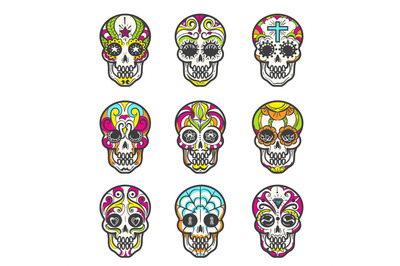 Colored sugar skull icons set