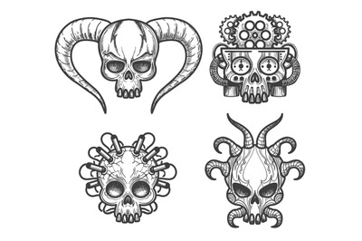 Hand drawn monsters skull set