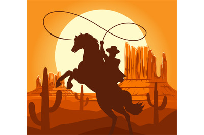 Western cowboys silhouette in desert