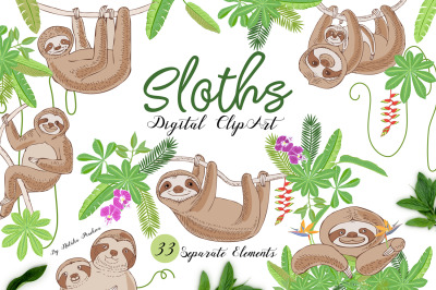 Sloths in Jungle Digital Clipart
