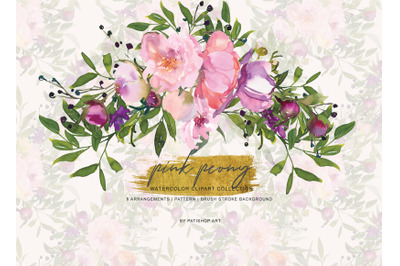 Watercolor Pink Peony Clipart - Pink and Purple Flowers