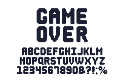 Computer 8 bit game font. Retro video games pixel alphabet, 80s gaming