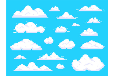 Pixel clouds. Retro 8 bit blue sky aerial cloud pixel art background v