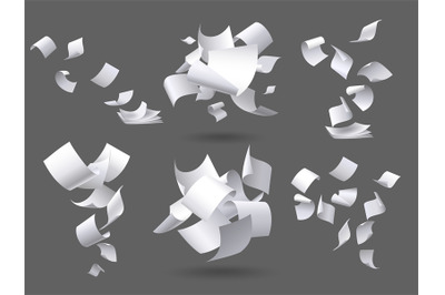 Falling paper sheets. Flying papers pages, white sheet documents and b