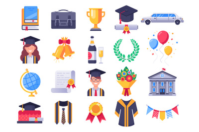 Graduation day icons. College graduate students party, graduation cap