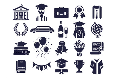 College silhouettes icons. Graduate day&2C; student graduation cap and di