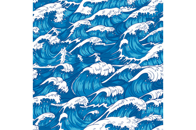 Storm waves seamless pattern. Raging ocean water, sea wave and vintage