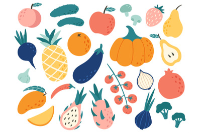 Hand drawn fruits and vegetables. Doodle organic food, vegan vegetable