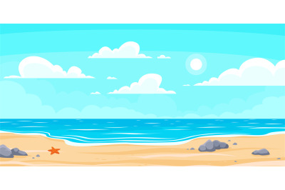 Cartoon summer beach. Paradise nature vacation&2C; ocean or sea seashore.