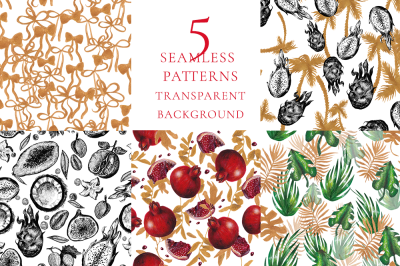 5 seamless patterns, exotic watercolor and ink