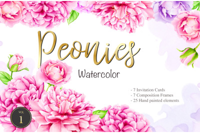 watercoclor peony invitations and frames set