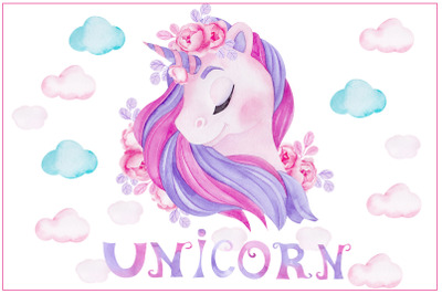 Cute unicorn. Illustrations and alphabet