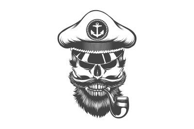 Skull in Captain Hat with Smoking Pipe