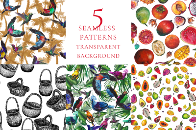 5 seamless patterns, exotic watercolor and ink