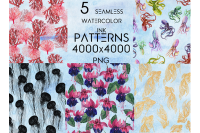 5 seamless patterns in ink and watercolor (sea theme)