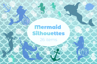 Mermaid Silhouettes and Mermaid Monograms SVG Cut Files Pack