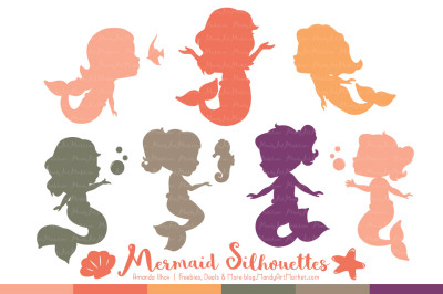 Sweet Mermaid Silhouettes Vector Clipart in Antique Peach