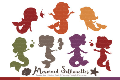 Sweet Mermaid Silhouettes Vector Clipart in Autumn