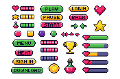 Pixel game buttons. Games UI, gaming controller arrows and 8 bit pixel