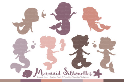 Sweet Mermaid Silhouettes Vector Clipart in Buff