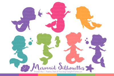 Sweet Mermaid Silhouettes Vector Clipart in Crayon Box Girl