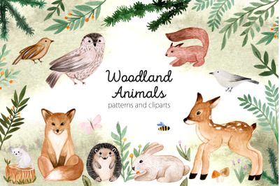 Woodland Animals. Patterns, Cliparts