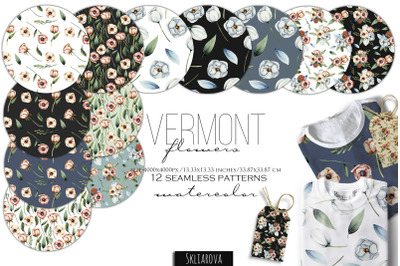 Vermont flowers. 12 Seamless patterns.