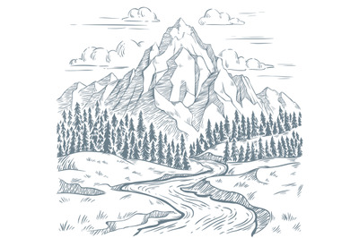 Mountains river engraving. Outdoors travel, mountain adventures and sn