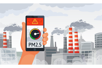 Air pollution alert. PM2.5 alerts meter smartphone notification, dirty