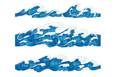 Seamless ocean waves. Sea surf, decorative surfing wave and water patt