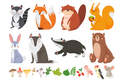 Funny wood animals. Wild forest animal, happy woodland fox and cute sq