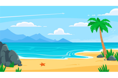 Summer beach background. Sandy seashore&2C; sea coast with palm tree and