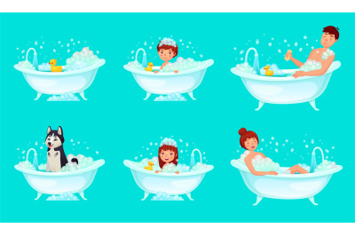 Foam bath. Bathroom tub bathing man, relaxing woman and kids. Dog wash