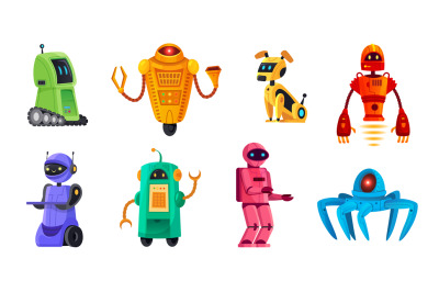 Cartoon robots. Robotics bots, robot pet and robotic android bot chara