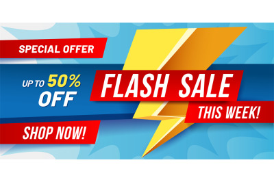 Flash sale banner. Lightning sales poster, fast offer discount and onl